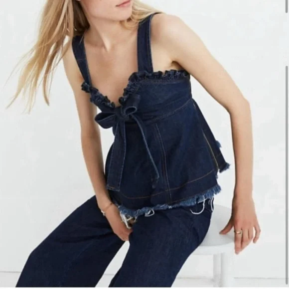 NEW MADEWELL x KAREN WALKER Raw Edge Denim Trianon Bow Top blue jean tank tie - Picture 2 of 6